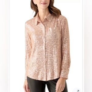 NWT Women's Long Sleeve Sequin Boyfriend Shirt in Champagne